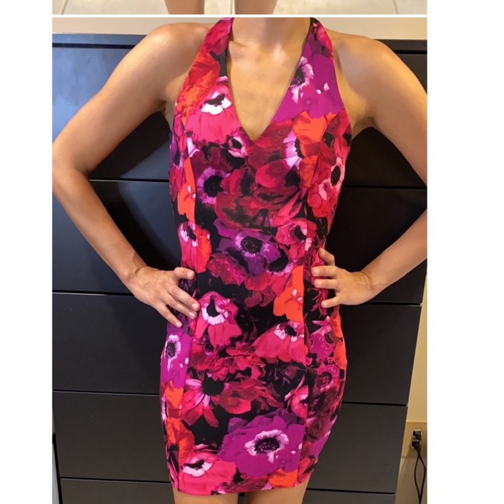 NEW! Guess Floral Halter Bodycon Dress in Pink & Black, Size XS